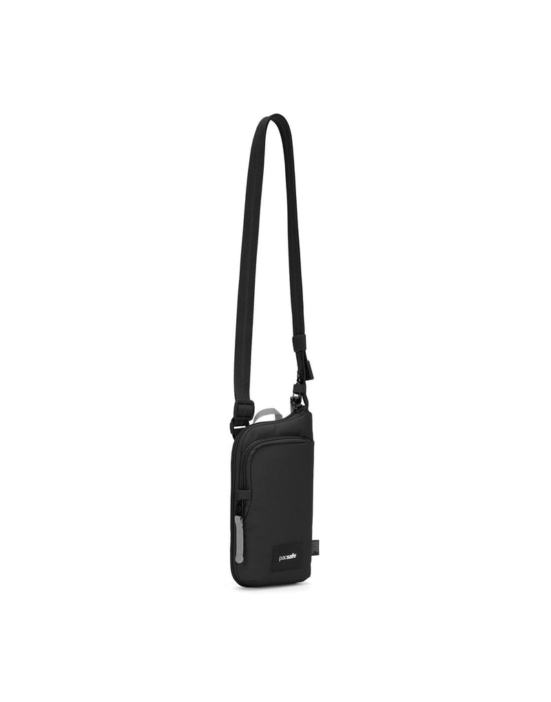 Pacsafe® GO Anti-Theft Tech Crossbody in jet black colour front left side view with Carrysafe® slashguard strap extended.