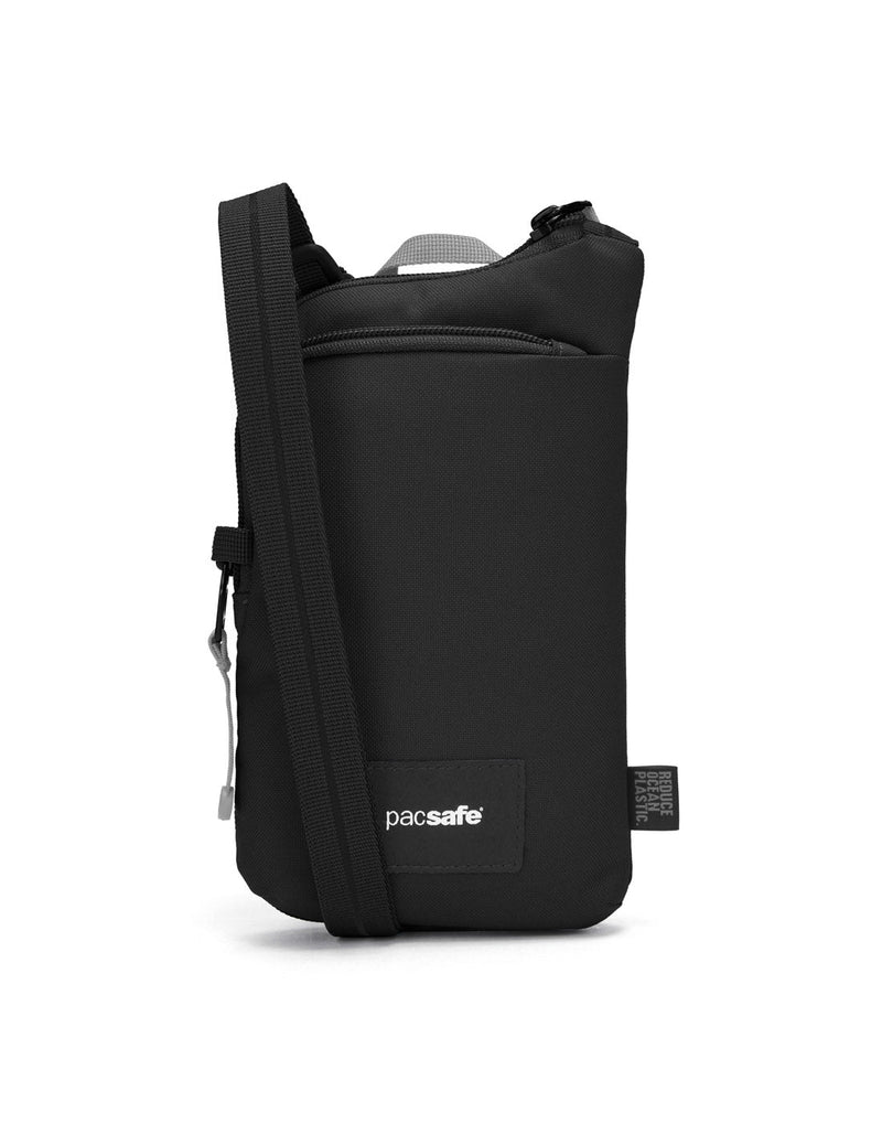 Pacsafe® GO Anti-Theft Tech Crossbody in jet black colour front view.