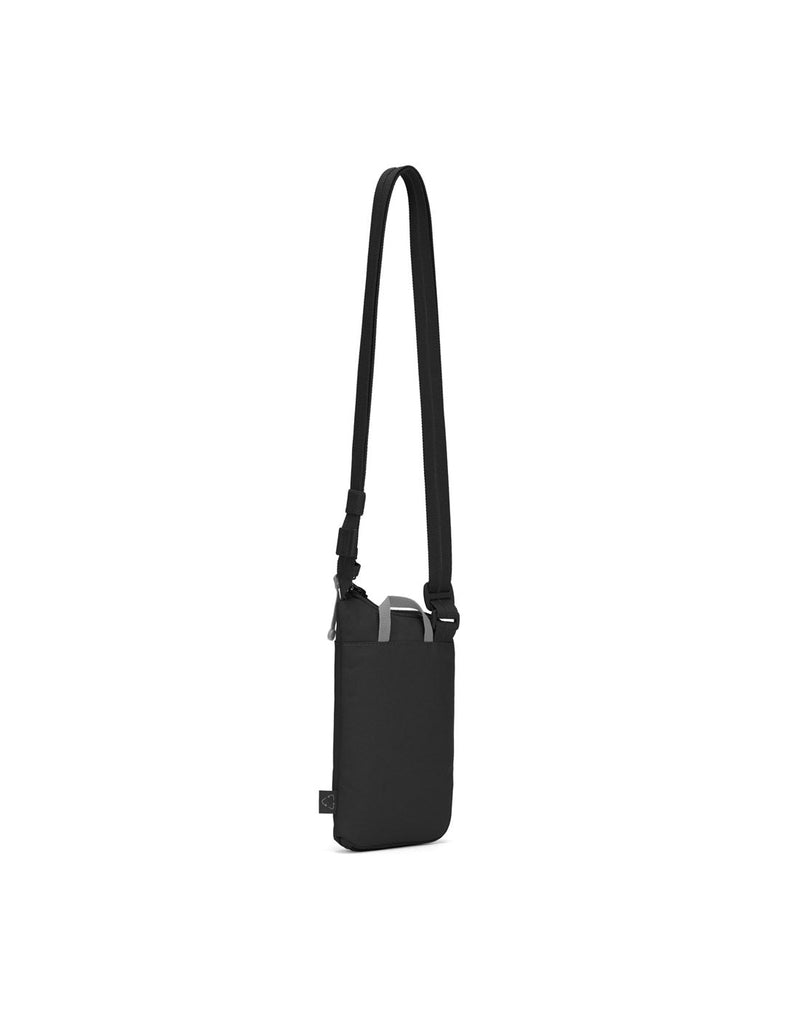 Pacsafe® GO Anti-Theft Tech Crossbody in jet black colour back view with Carrysafe® slashguard strap extended.