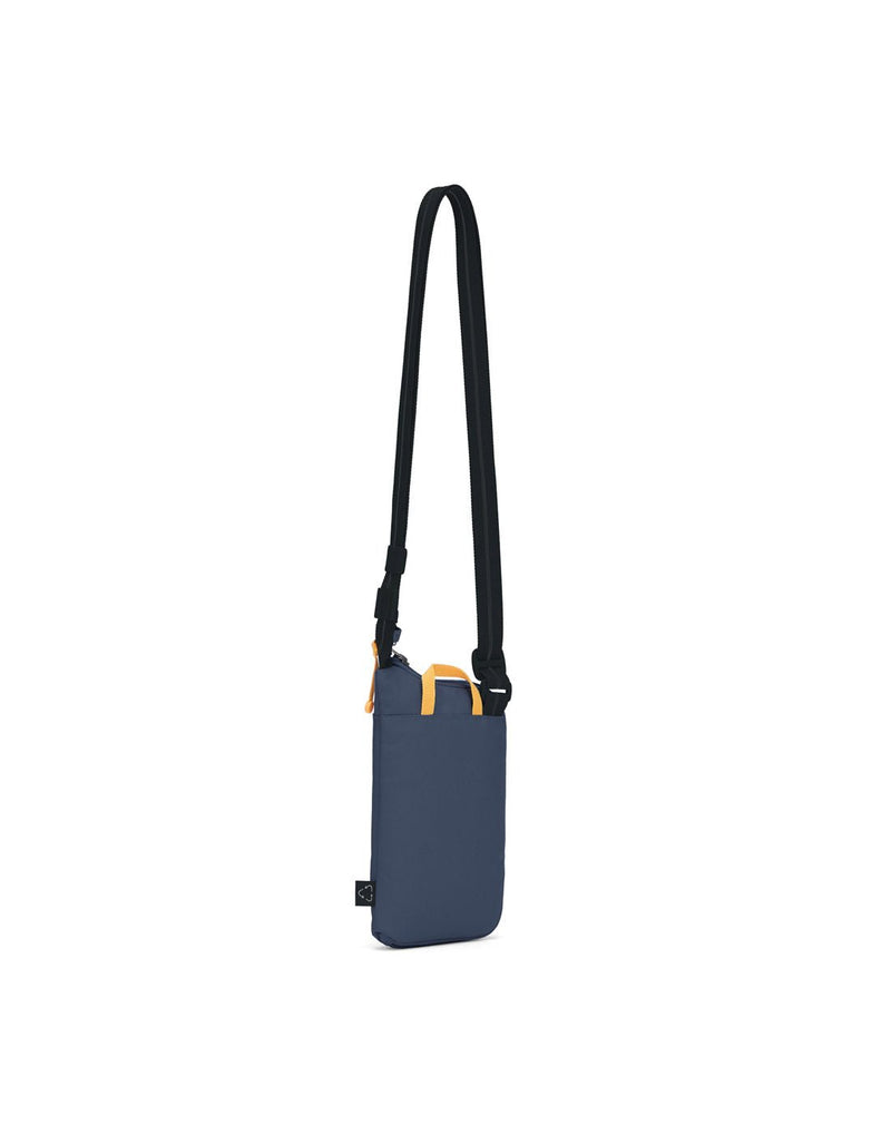 Pacsafe® GO Anti-Theft Tech Crossbody in coastal blue colour back view with Carrysafe® slashguard strap extended.