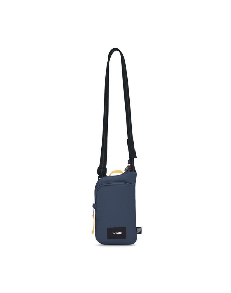 Pacsafe® GO Anti-Theft Tech Crossbody in coastal blue colour front view with Carrysafe® slashguard strap extended.
