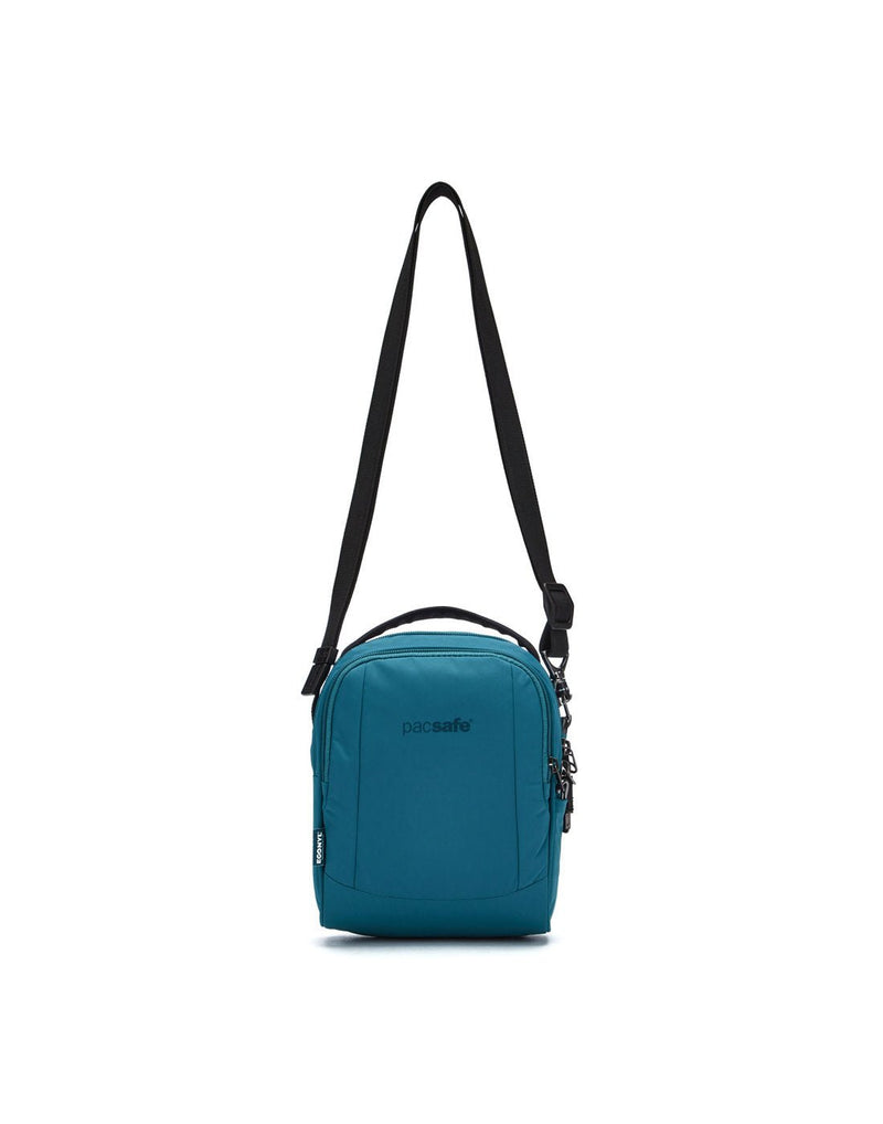 Pacsafe® LS100 Anti-theft Crossbody Bag, tidal teal, front view with crossbody strap fully extended