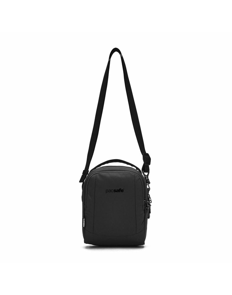 Pacsafe® LS100 Anti-theft Crossbody Bag, black, front view with crossbody strap fully extended