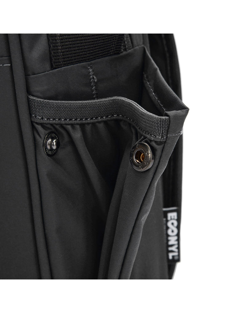 Close up of button closure on side pocket of black bag