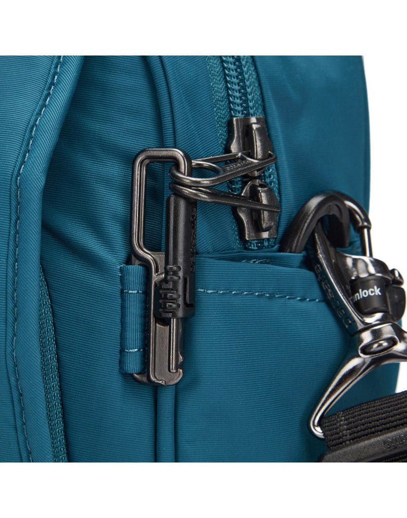 Close up of lockable zippers on tidal teal bag