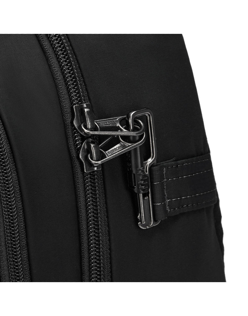 Close up of lockable zipper pulls on black backpack