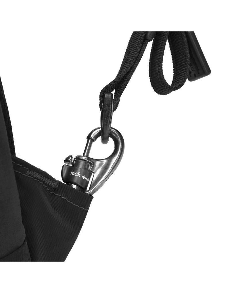 Close up of TurnNLock clip on backpack shoulder strap