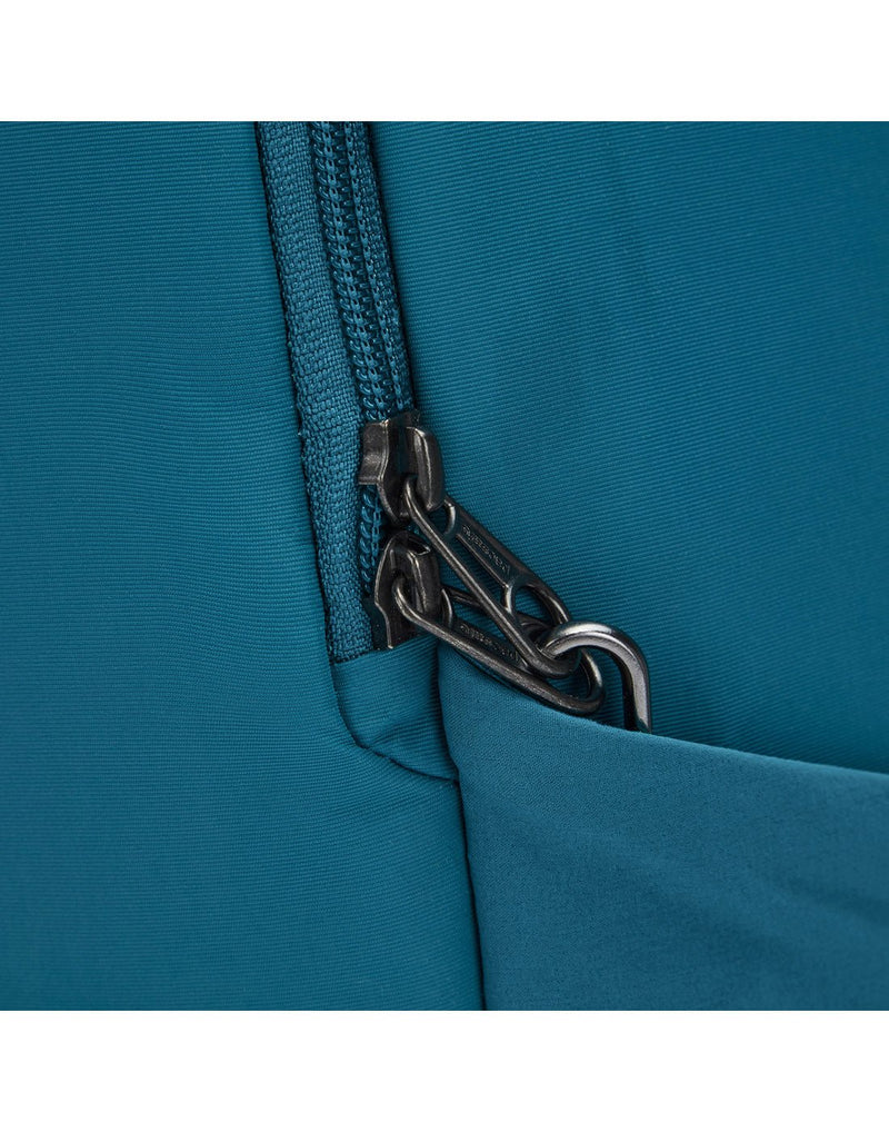 Close up of lockable zipper pulls on tidal teal backpack