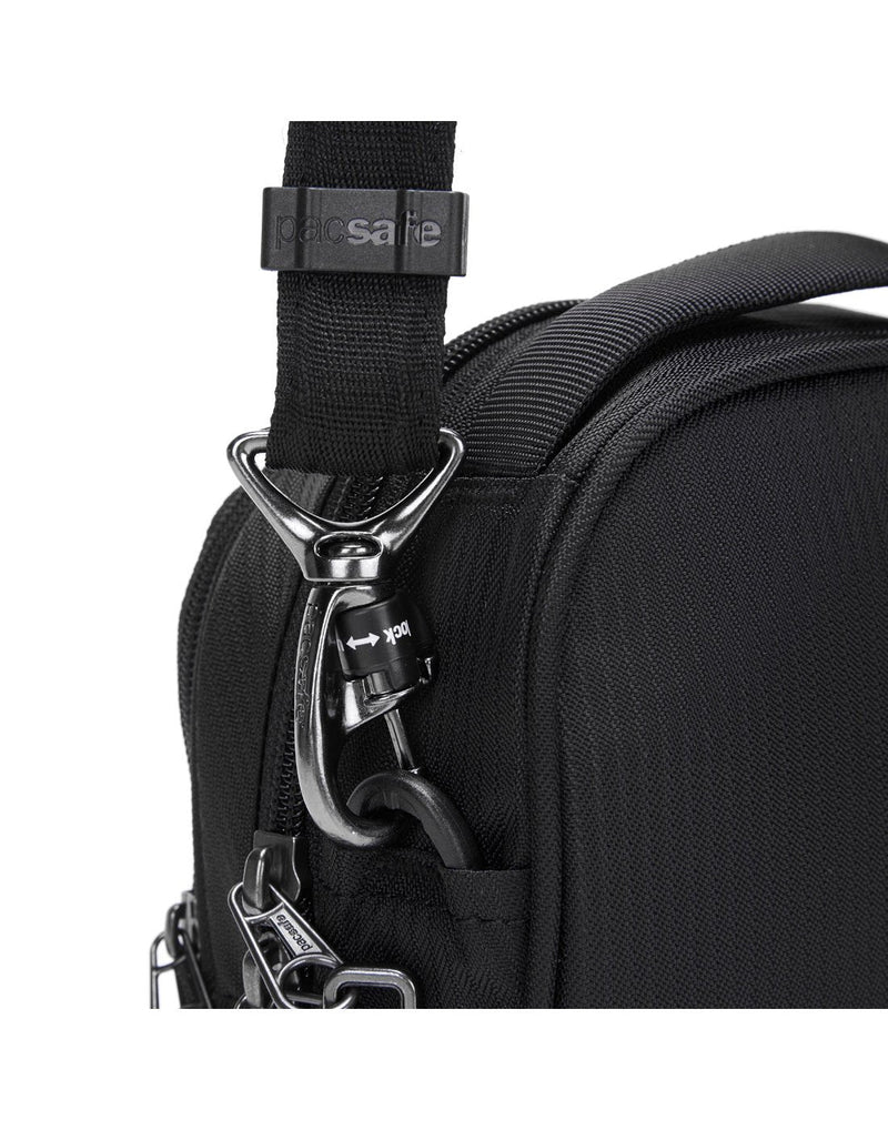 Pacsafe metrosafe ls100 econyl black colour recycled crossbody bag strap holder