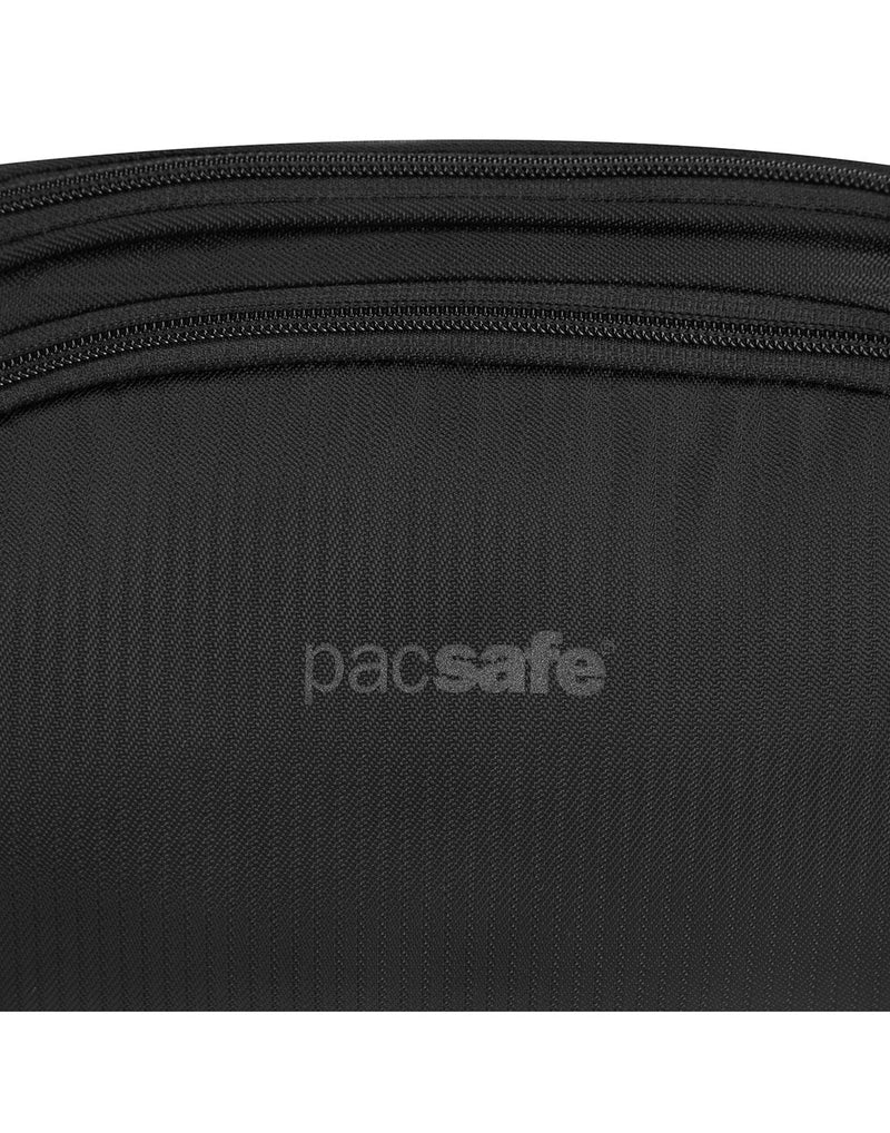 Close up of Pacsafe logo on black LS120 hip pack
