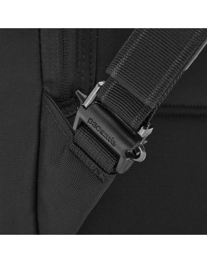 Close up of safety clip on back strap