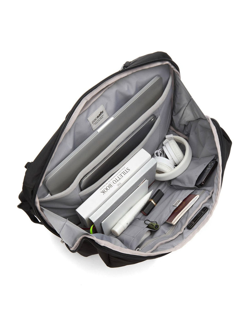 Pacsafe Metrosafe X Anti-Theft 16-Inch Commuter Backpack, black, top unzipped, inside view
