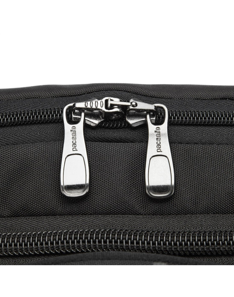 Close up of interlocking zipper pulls on black bag