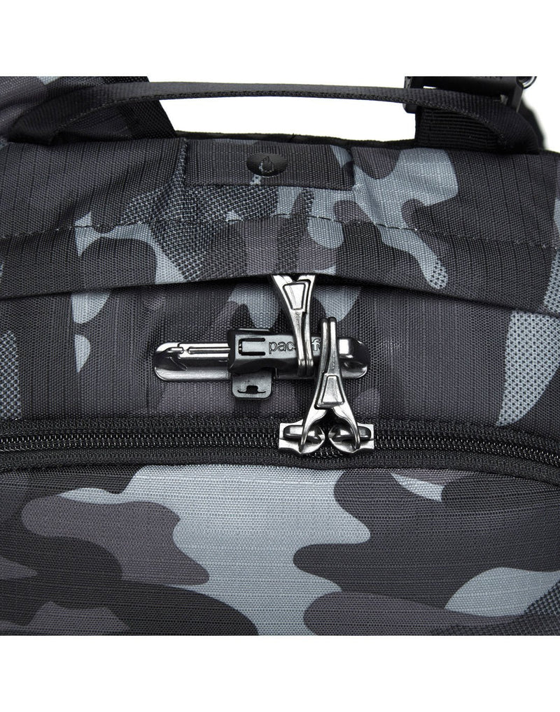 Close up of top of bag with slide lock zipper pulls