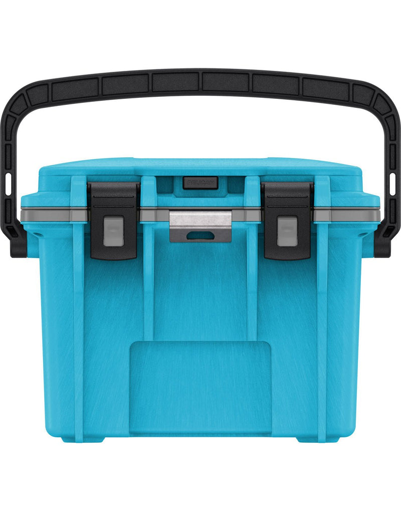 Pelican™ Elite 14qt Cooler in cool blue with grey gasket and black top carry handle and clip closures, front view