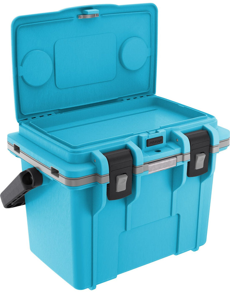Pelican™ Elite 14qt Cooler in cool blue with grey gasket and black top carry handle and clip closures, front angled view with top dry box open