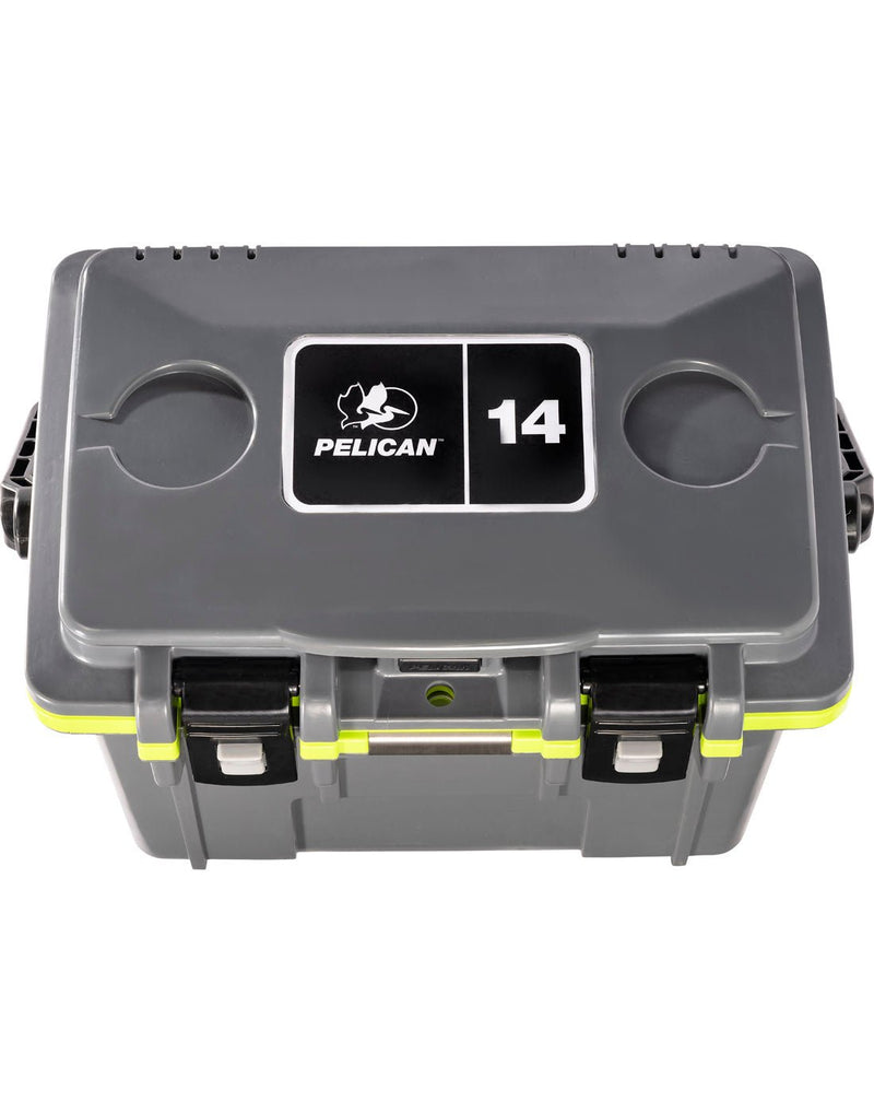 Pelican™ Elite 14qt Cooler in dark grey, top view showing black carry handle and clip closures, two cup holders on top and Pelican logo plate in centre of lid