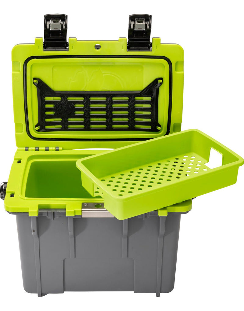 Pelican™ Elite 14qt Cooler in dark grey open to lime green interior with removable inner tray removed and placed on top of the rim