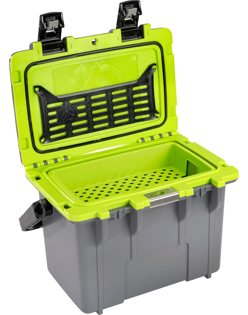 Pelican™ Elite 14qt Cooler in dark grey open to show lime green interior with removable inner tray