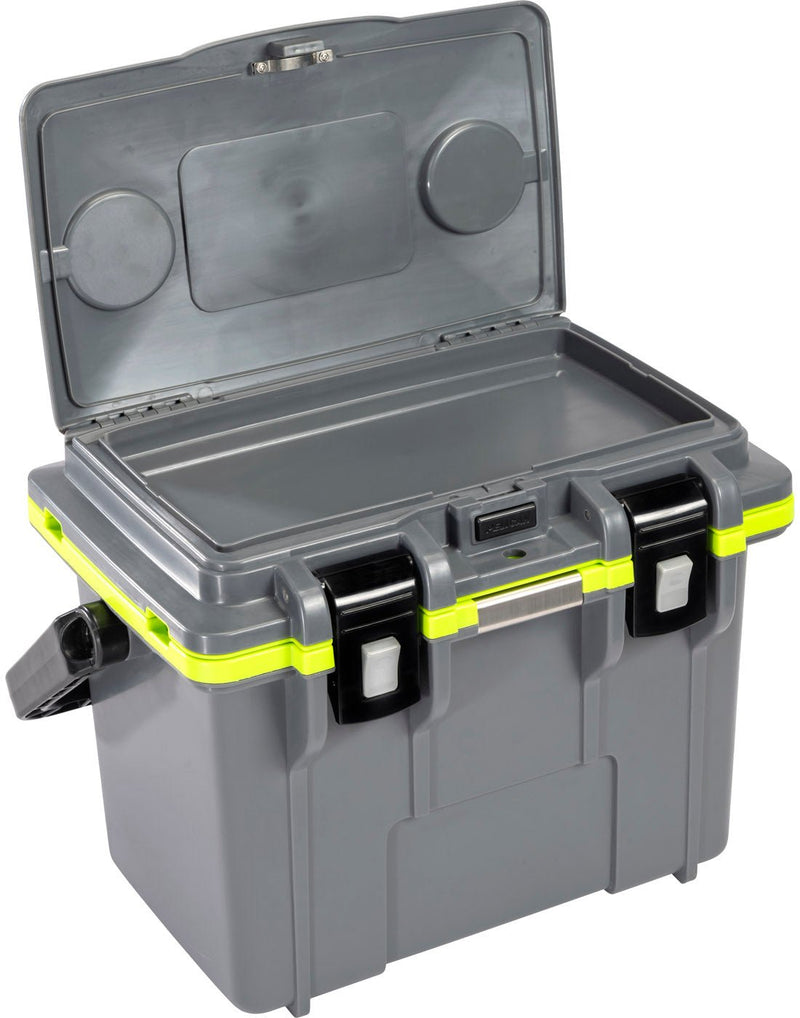 Pelican™ Elite 14qt Cooler in dark grey with lime green gasket and black top carry handle and clip closures, front angled view with top dry box open