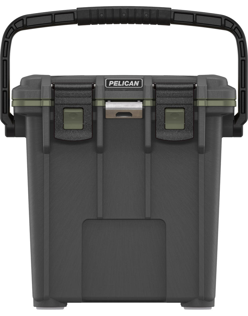 Pelican™ Elite 20qt Cooler in gunmetal grey with army green gasket and black top carry handle and clip closures, front view