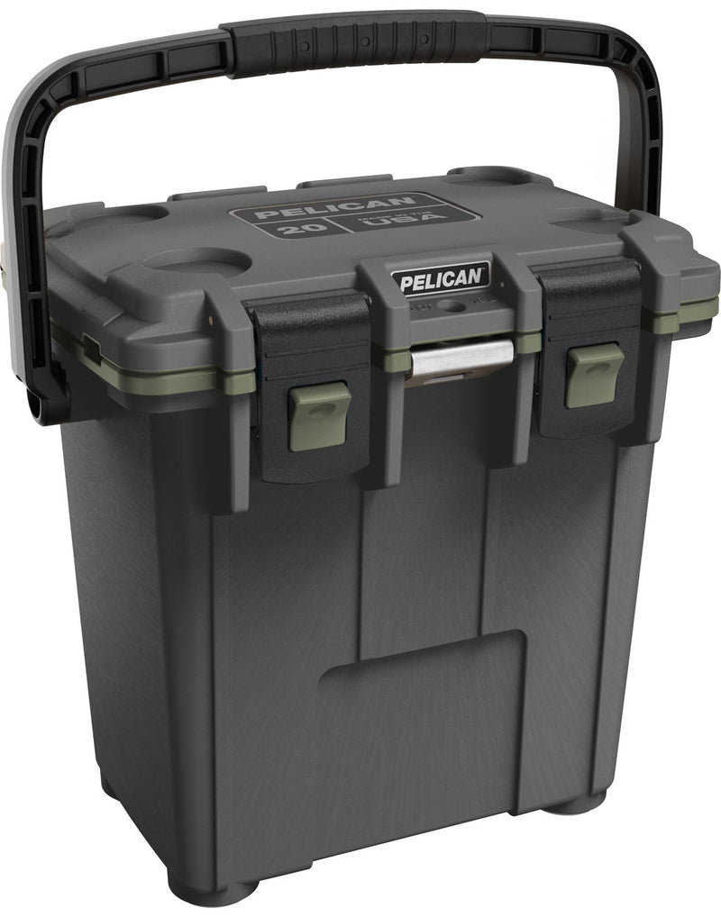 Pelican™ Elite 20qt Cooler in gunmetal grey with army green gasket and black top carry handle and clip closures, front angled view