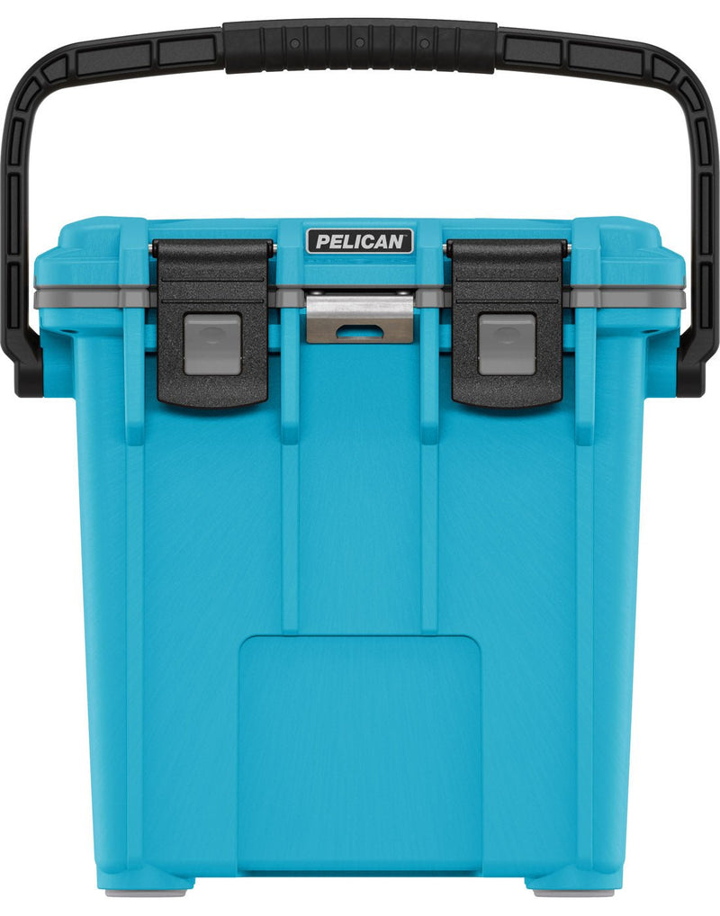 Pelican™ Elite 20qt Cooler in cool blue with grey gasket and black top carry handle and clip closures, front view