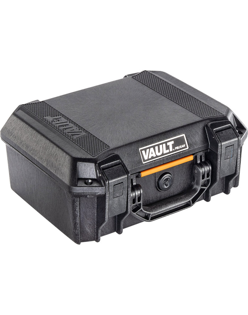 Pelican V200WD Vault Equipment Case, black, closed view with lock, carry handle and two clip closures