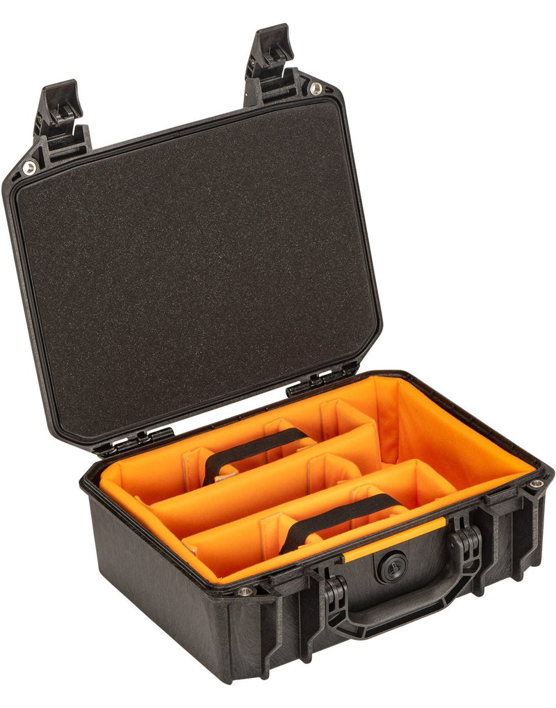 Pelican V200WD Vault Equipment Case opened with foam under lid and orange padded dividers inside