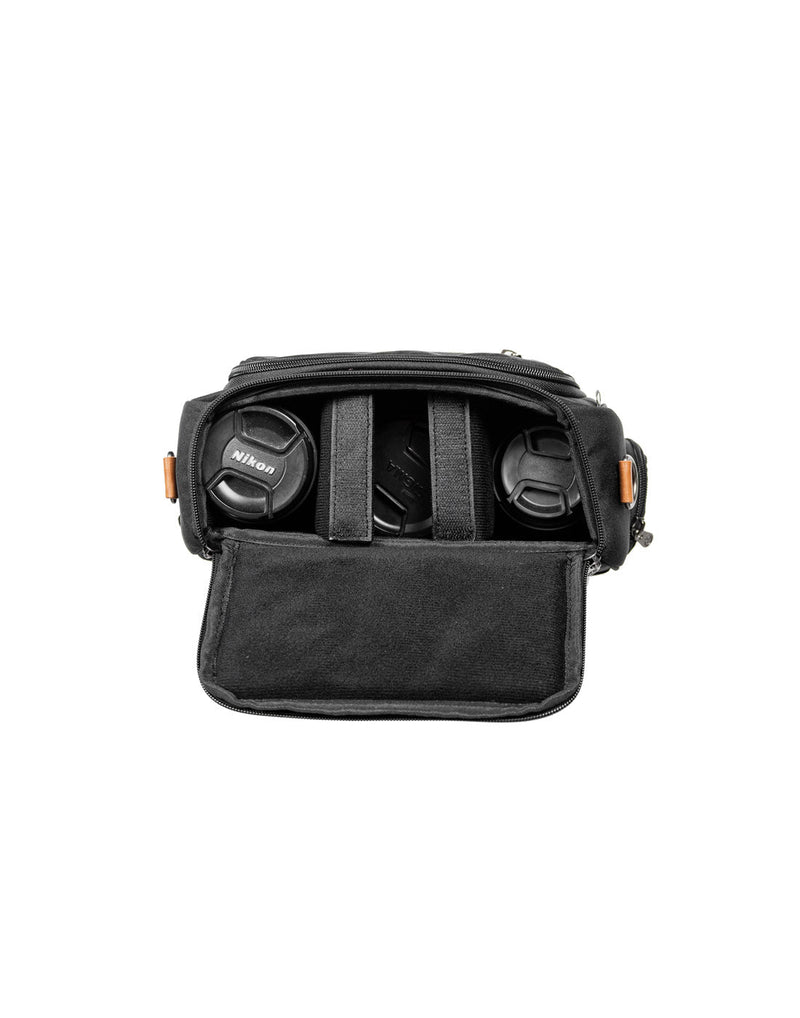 PKG Polson Camera Tech Case - black, top view unzippered to show top camera access