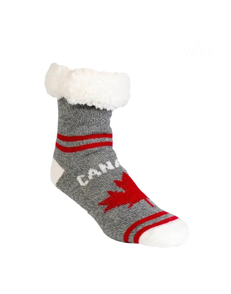 Heather grey sock with white heel and toes. Two red stripes atankle and toes. between ankles and toes is CANADA in white and a red maple leaf.