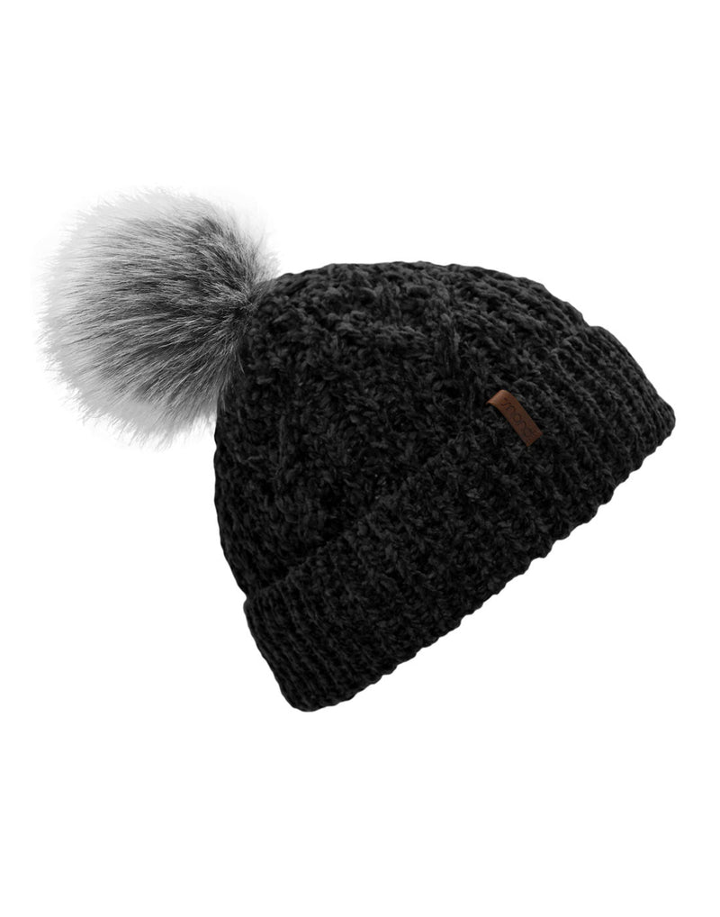 Pudus Chenille Knit Beanie Hat in black, with cuff and grey pompom