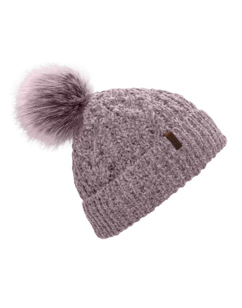 Pudus Chenille Knit Beanie Hat in elderberry., light purple colour, with cuff and pompom