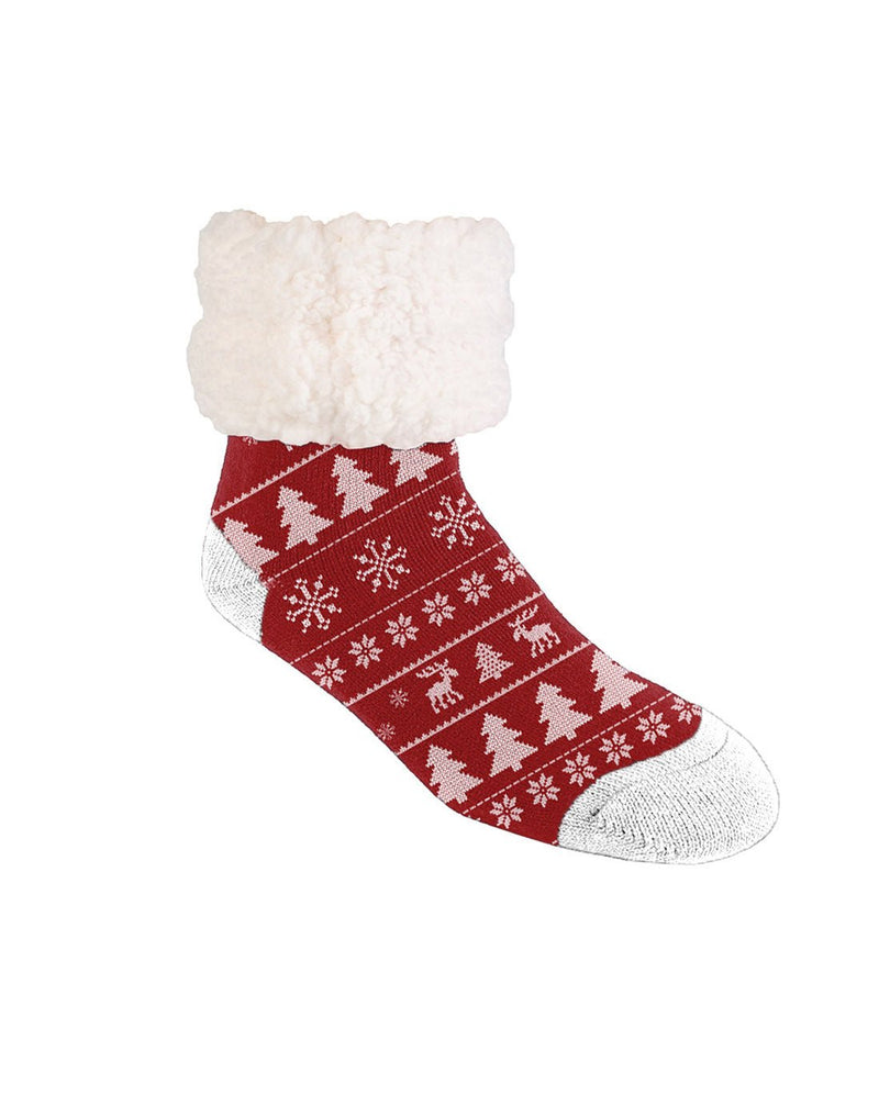Pudus classic slipper sock in cabin Christmas red with white toe, heel, sherpa cuff. Featuring pine trees, snowflakes, moose and stripe design in white on red background.