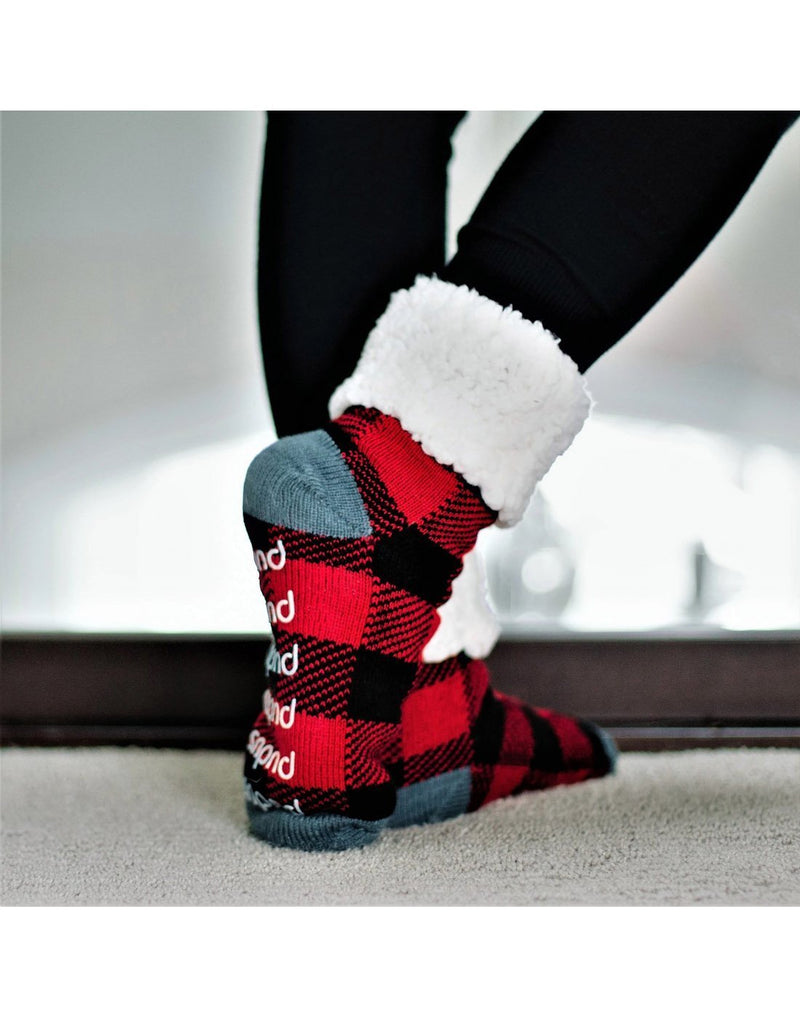 Wearing pudus classic slipper socks - lumberjack red colour side view