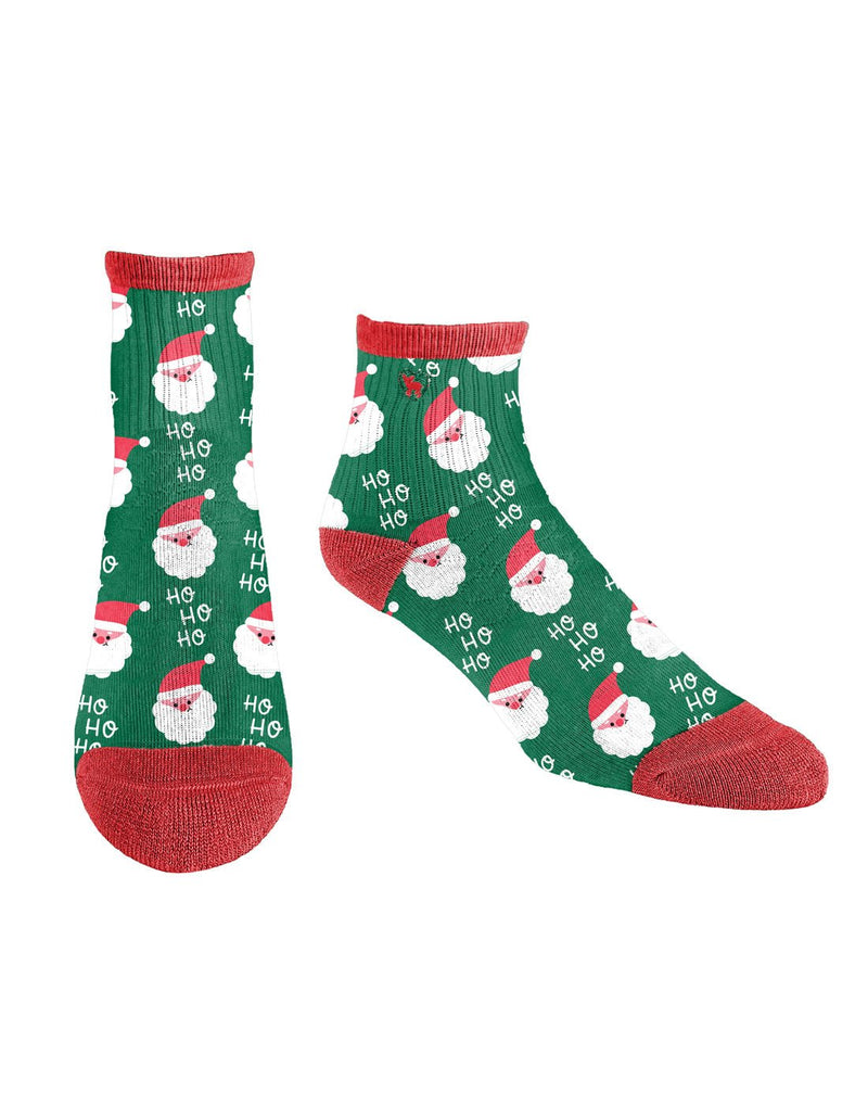 Pudus green socks with red cuff, heel and toe with red and white Santas and white HO HO HO words