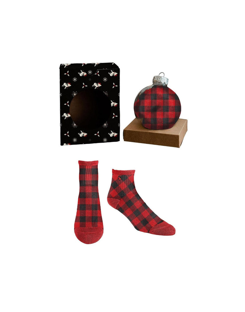 Pudus Holiday Sock Ornament, box, clear ornament with socks inside and pair laid out - red and black checkered design