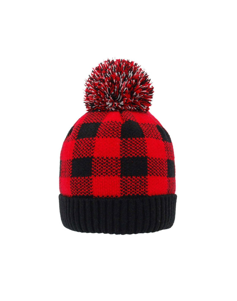 Pudus Pom Pom Hat in Lumberjack red and black check with black folded cuff and red, white and black yarn pom pom on top