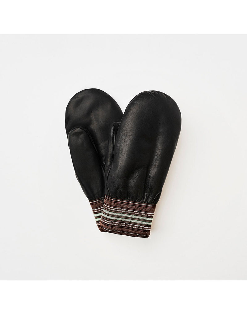 Raber Men's Garbage Mitts, product view fanned out, one black mitten with palm up, and one black mitten palm down, with brown and white elastic cuff