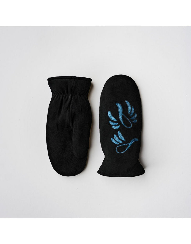 Raber Women's Snowbird Mitten, black with blue embroidered snowbirds, one mitten shown palm up, the other palm down