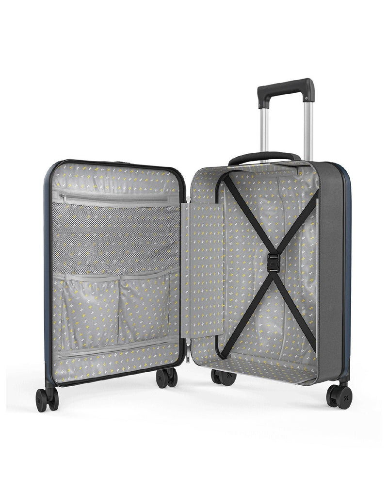 Rollink Flex 360° Carry-On opened to interior with pockets and tie down straps