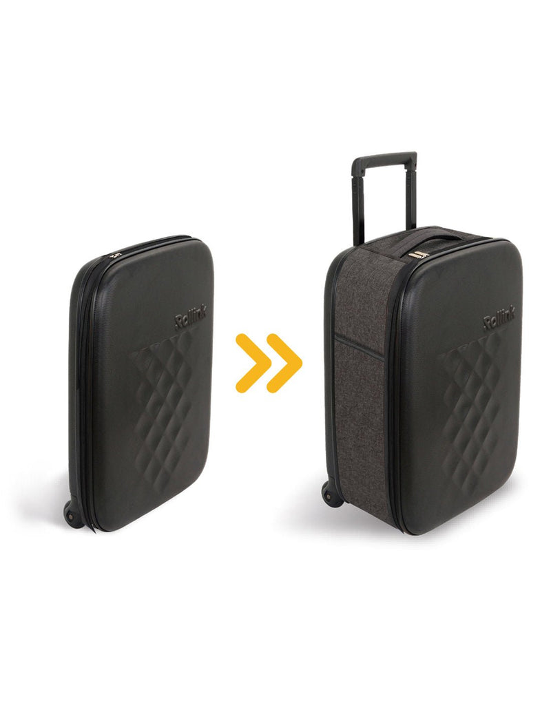 Rollink Flex Earth 20" Carry-On shown folded and open, black hard front, soft charcoal grey sides and top carry handle, and black zipper
