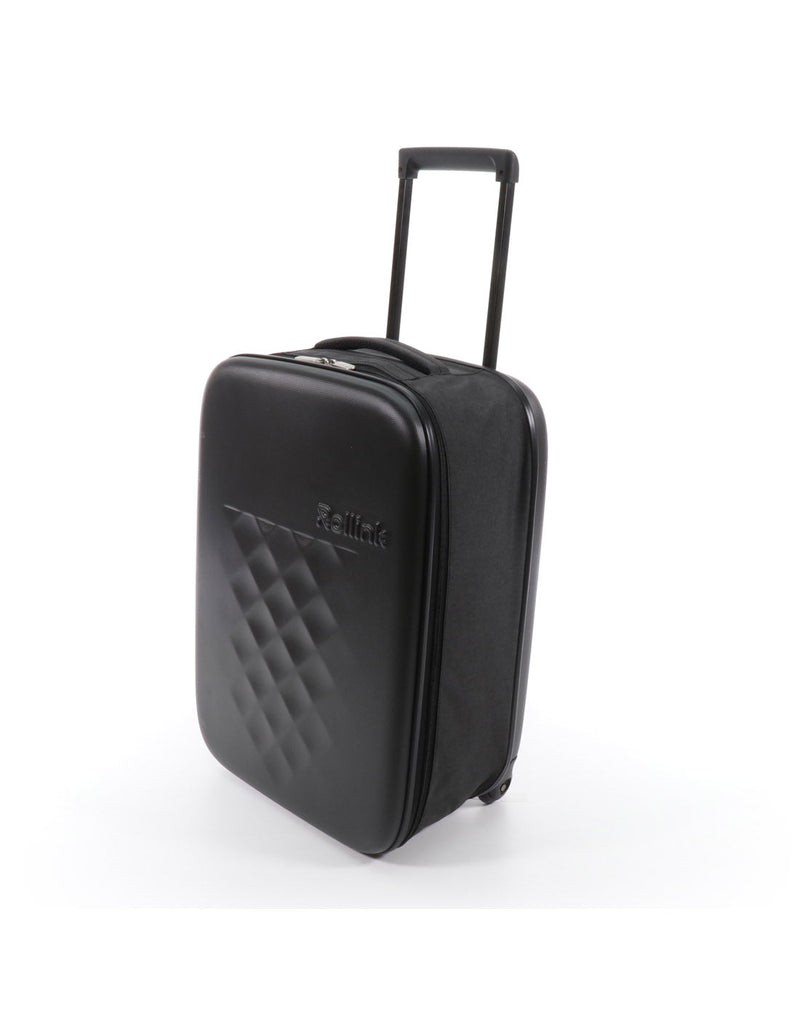 Rollink Flex Earth 20" Carry-On, black hardshell front with charcoal grey soft expandable sides and black zipper