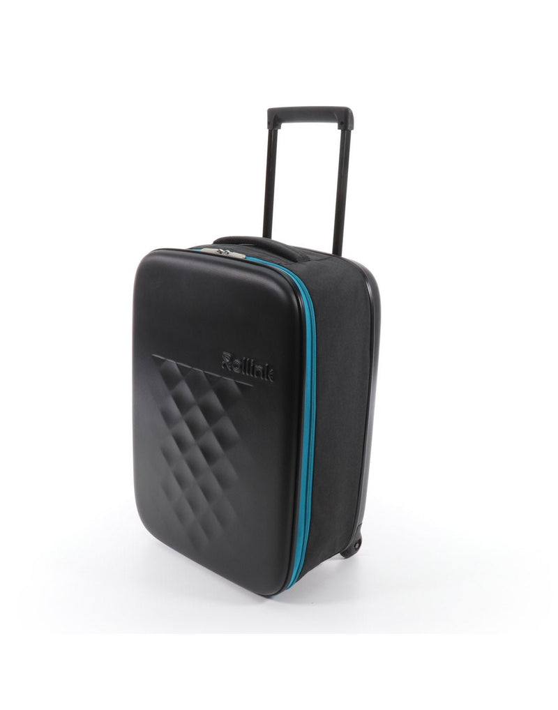 Rollink Flex Earth 20" Carry-On, black hardshell front with charcoal grey soft expandable sides and bright blue zipper