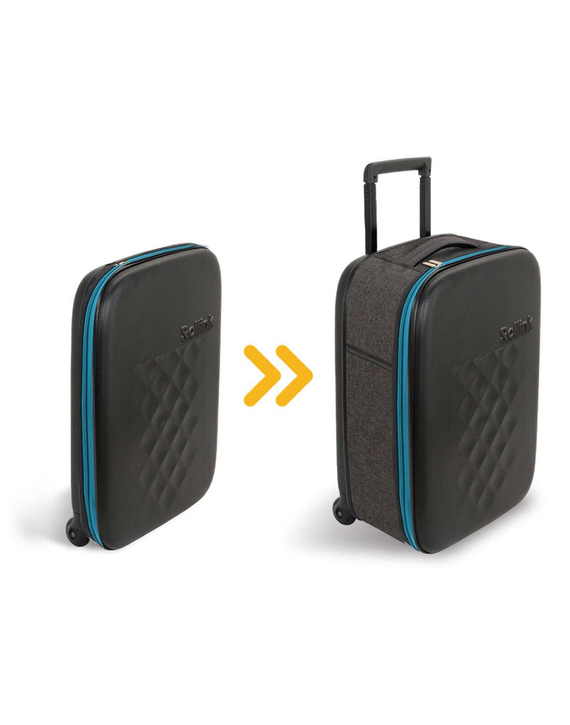 Rollink Flex Earth 20" Carry-On shown folded and open, black hard front, soft charcoal grey sides and top carry handle, and bright blue zipper