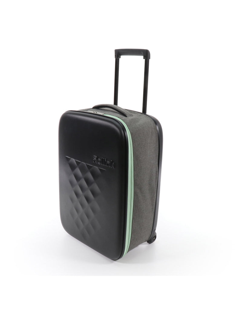 Rollink Flex Earth 20" Carry-On, black hardshell front with charcoal grey soft expandable sides and light green zipper
