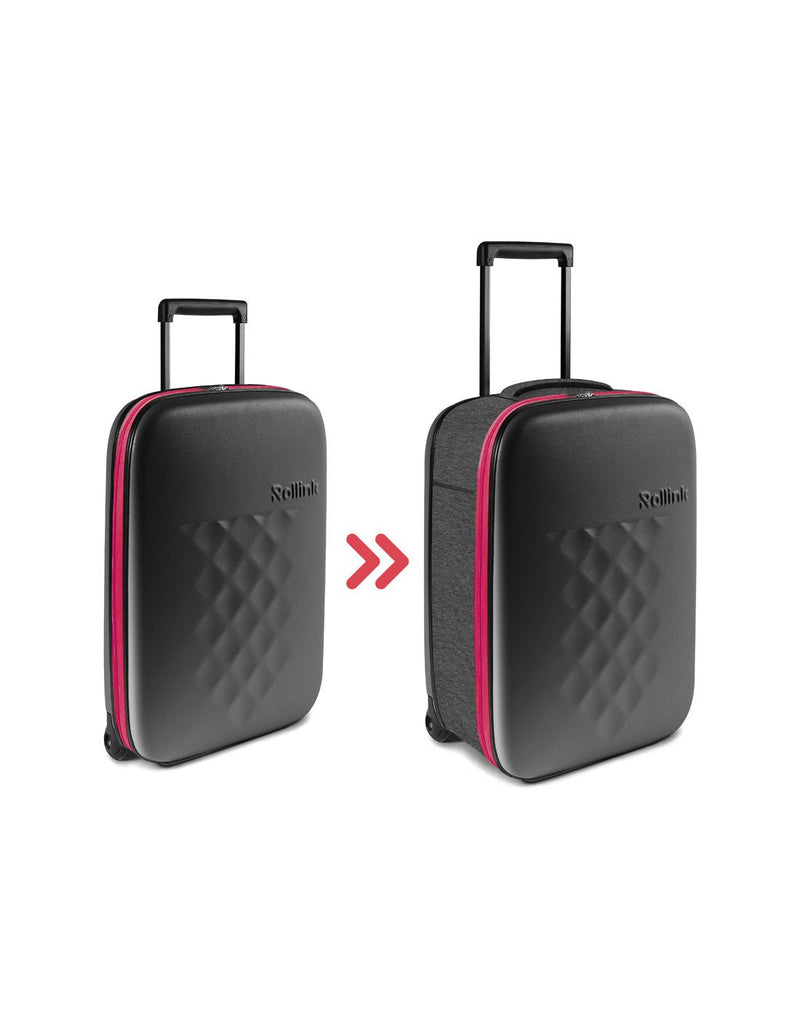 Rollink Flex Earth 20" Carry-On shown folded and open, black hard front, soft charcoal grey sides and top carry handle, and bright pink zipper