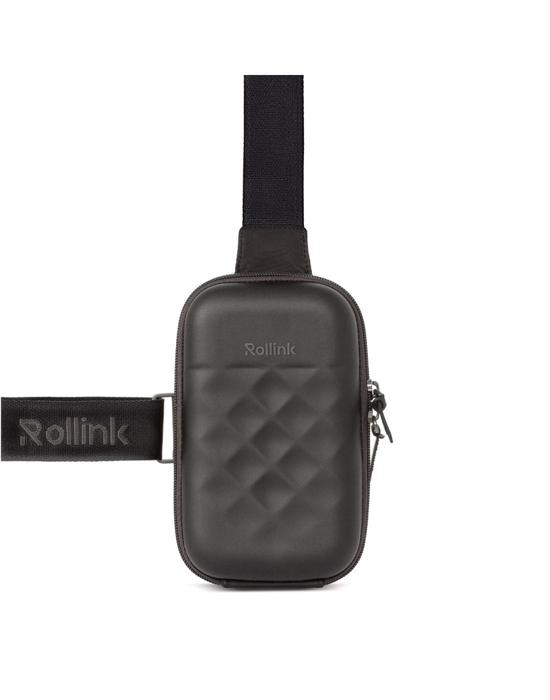 Close-up of the Rollink Mini Bag Go in Charcoal colour showing where the non-removable adjustable strap is attached to top and right side of bag.