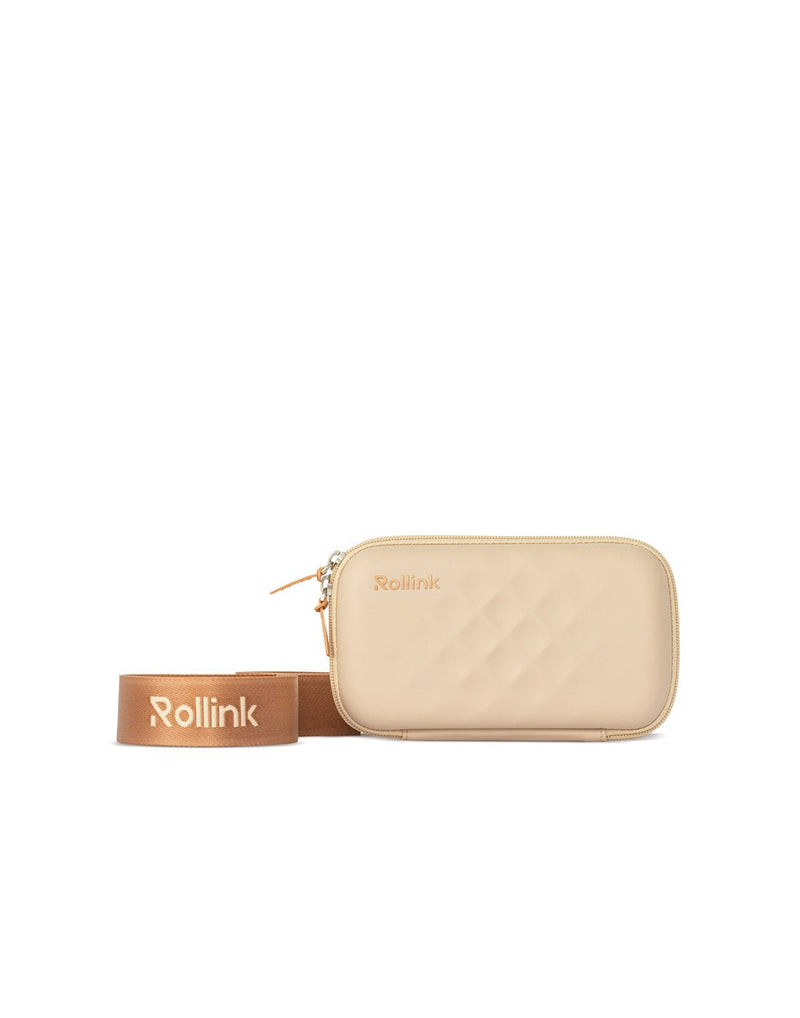Front of the Rollink Mini Bag Tour in Peach colour with shoulder strap rolled up showing the Rollink name on the strap.