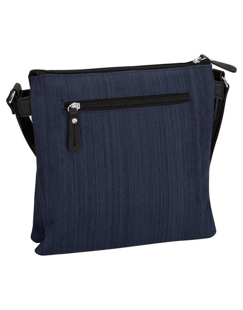 Roots 2 Compartment Slanted Pocket Crossbody, navy, with black strap, details and zippers, back angled view